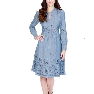 Lucky Brand MIDI CHAMBRAY DRESS WITH EMBROIDERED EYELET Romantic Blue Sz 10